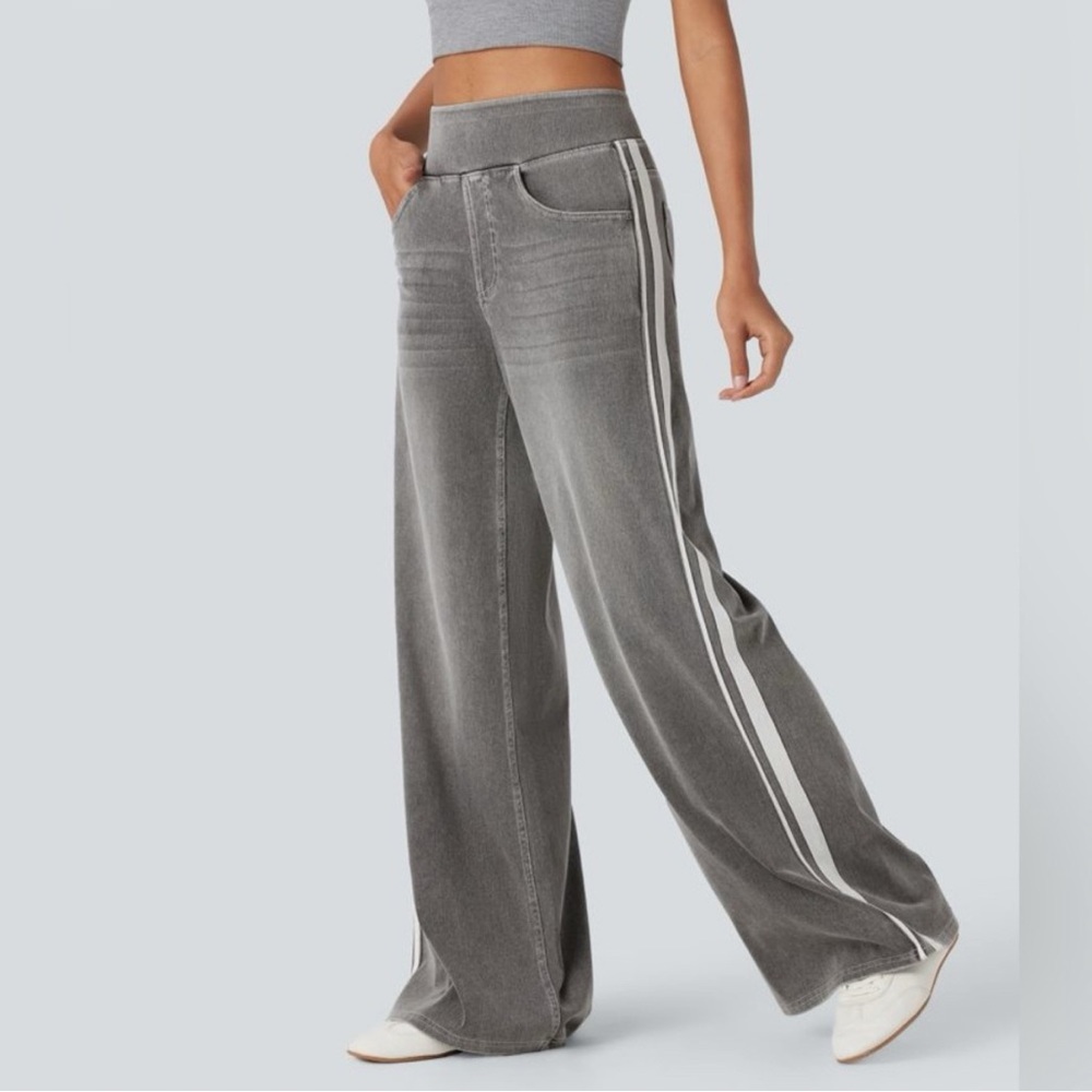 NEW Halara Denim High Waisted Stripe Wide Leg Flowy Washed Casual Jeans Gray